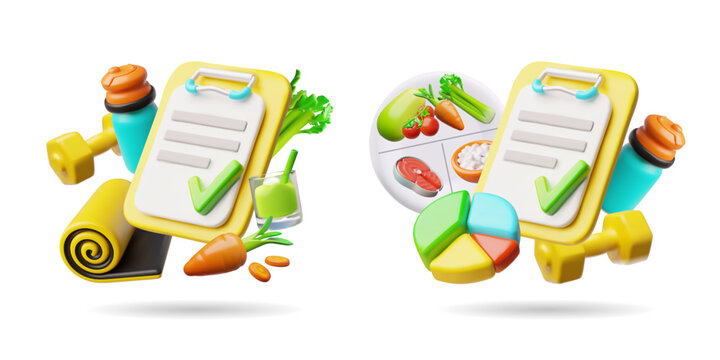 Fitness nutrition 3D vector, healthy lifestyle, diet plan, realistic checklist for sport training and nutrition planning