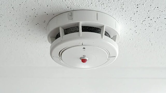 A white smoke detector mounted on a textured ceiling for home safety