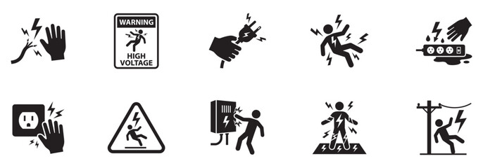 Fototapeta premium Electrical shock danger and hazard icon set. High voltage warning silhouette symbols. Electricity safety logo. Vector illustration. Vector Graphic. EPS 10