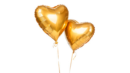 Two bright shiny golden heart shaped party balloons isolated on a transparent background © Anatoli