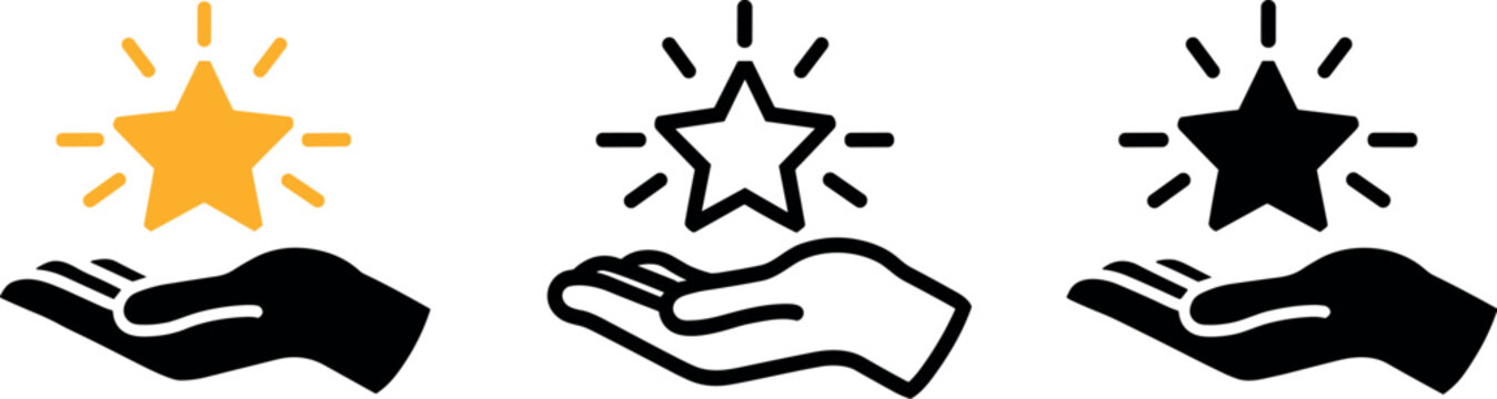 Set of three hands holding sparkling stars vector illustration isolated on white background with yellow solid outline and black rating review icons