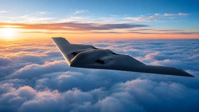Aerial Cinematic View of B-2 Spirit Stealth Bomber Banking Above Clouds at Dawn