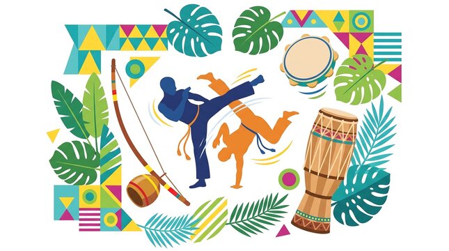 Colorful illustration of capoeira martial arts dancers with traditional instruments and tropical leaves.