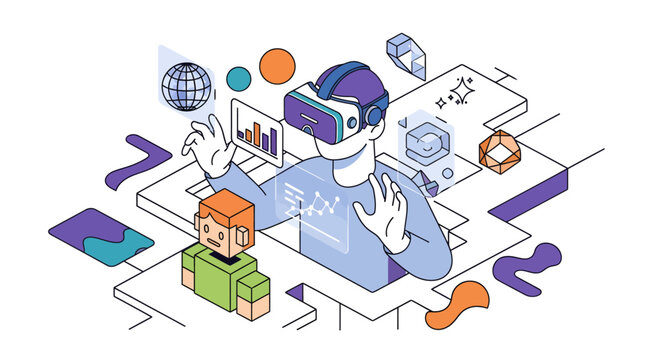 A person wearing a VR headset interacts with a digital world, featuring data visualizations, avatars, and geometric shapes, illustrating the metaverse.