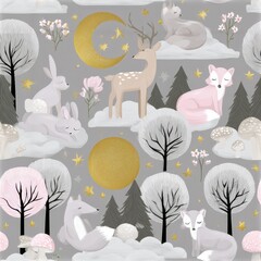 Fototapeta premium Woodland animals under starry night sky pattern, magical forest theme, whimsical nursery decor, cozy nature illustration, dreamy design.