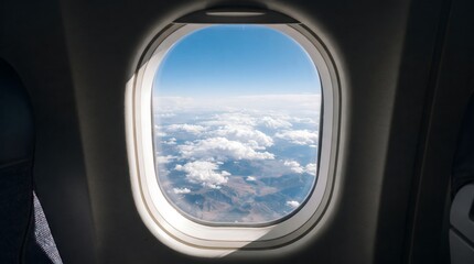 Fototapeta premium Airplane window view showing blue sky and fluffy white clouds above