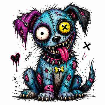 Creepy cute punk zombie dog illustration with button eyes, sharp teeth, tongue, spiked collar, stitched patches, skull tag and neon paint splashes on a white background. Edgy cartoon animal design for