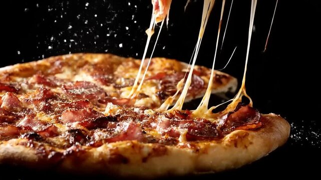 Meaty hot baked food slice being lifted revealing long cheese pulls against dark background