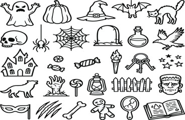 Obraz premium Collection of Halloween line art icons featuring spooky symbols like ghost, pumpkin, skull, and haunted house in outline style