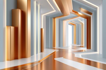 Obraz premium Luxury abstract metallic corridor with golden accents evoking futuristic robotics and global economy