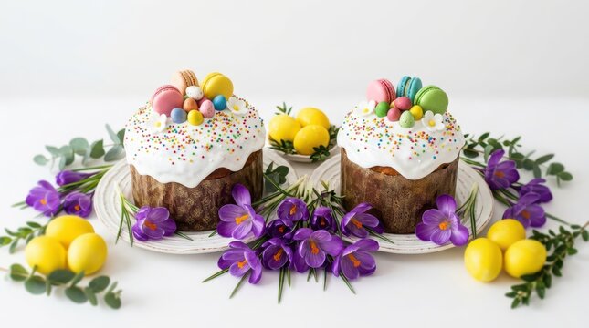 Two traditional easter cakes decorated with colorful macarons, candy eggs, and sprinkles, surrounded by purple crocuses and yellow eggs