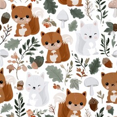 Obraz premium Cute squirrel seamless pattern with acorns and leaves, woodland autumn theme, playful nursery decor, charming wildlife illustration.