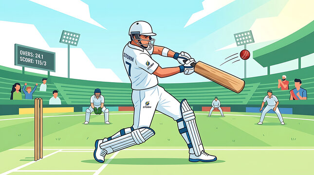 Professional Cricket Batsman Hitting Ball Vector Illustration, Live Match Stadium Field Background Flat Design