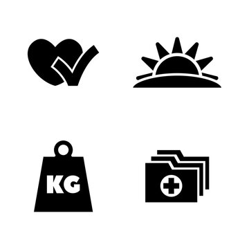Minimalist black health and wellness icon set featuring a heart checkmark, sunrise, kilogram weight, and medical folder.