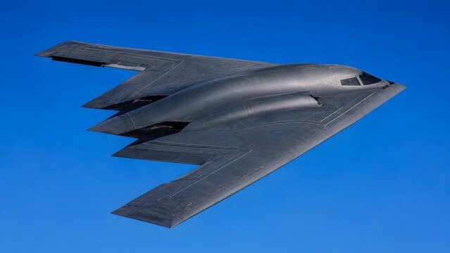 Sleek B-2 Spirit Stealth Bomber Flying Against Clear Blue Sky in Minimalist Composition