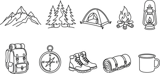 Camping and outdoor adventure icons continuous line art mountains tent campfire backpack compass vectorCamping and outdoor adventure icons  © Mst Sumi