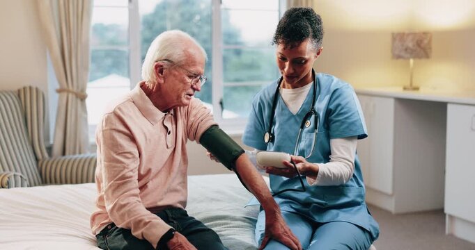 Blood pressure, home and caregiver with old man for healthcare exam, talking or machine. Retirement, female nurse and senior person with patient care, hypertension and vitals for heart wellness