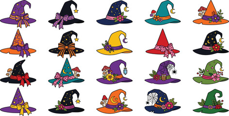 Obraz premium Collection of decorative witch hats with floral and mystical elements halloween illustration collection celebration mushroom constellation mystical esoteric accessory festival decorative