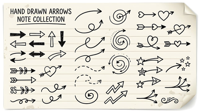 Hand Drawn Arrows Note Collection, Cute Doodle Sketch Pointers with Hearts and Stars Vector on Lined Paper