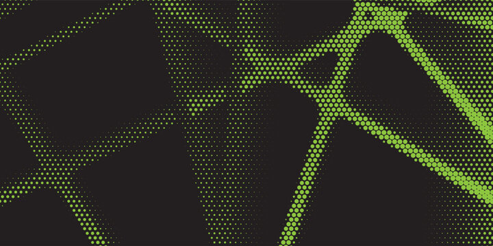 Abstract green halftone pattern on black background, geometric dot grid textured vector background.