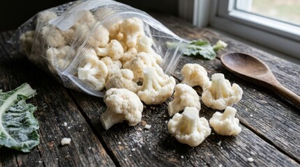 Fototapeta premium Frozen cauliflower florets spilling from a plastic bag on a rustic wooden table with a wooden spoon