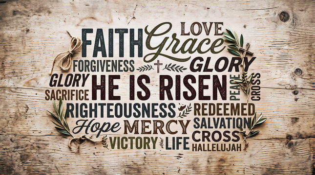 Religious typography art featuring inspirational christian words like faith grace and he is risen displayed on a textured wooden background with decorative olive branch accents