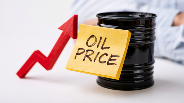 Sticky note with OIL PRICE written beside oil barrel and red upward arrow, white background, copy space