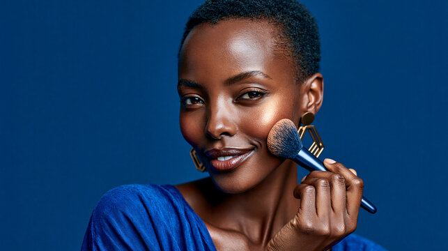 Photorealistic stock beauty portrait of a young East African woman wearing a simple cobalt blue top and bold geometric gold earrings, positioned on the right side of the frame, lar