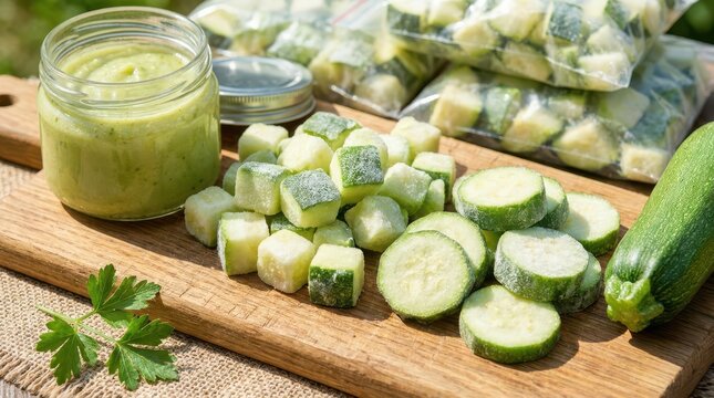 Frozen zucchini cubes and slices on a wooden cutting board with a jar of puree