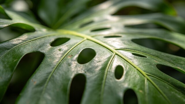 A detailed close-up of a lush green Monstera deliciosa leaf, showcasing its natural fenestrations and intricate vein patterns in soft light.