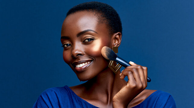 Photorealistic stock beauty portrait of a young East African woman wearing a simple cobalt blue top and bold geometric gold earrings, positioned on the right side of the frame, lar