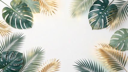 Naklejka premium Tropical background with green monstera and palm leaves mixed with golden fronds bordering a central white copy space. Elegant botanical design.