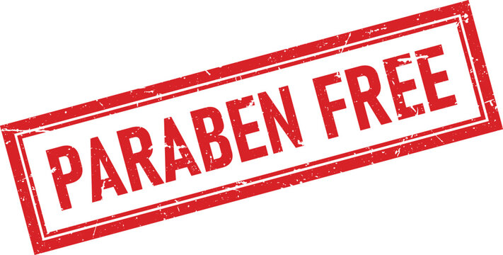 Red rectangular rubber stamp impression with the word paraben free in a distressed grunge style