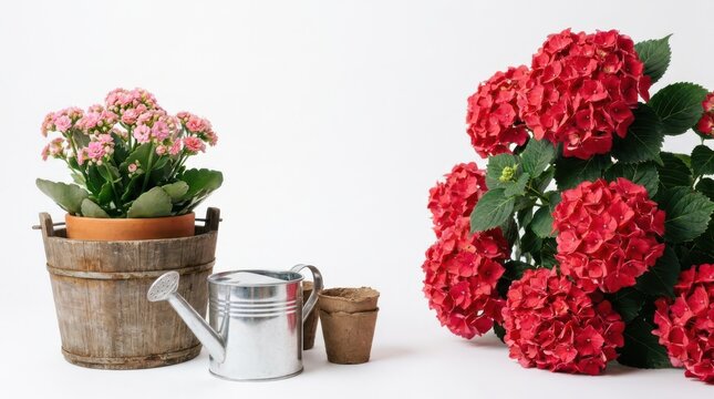 Potted pink kalanchoe flower, metal watering can, and red hydrangea blooms isolated on white background