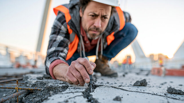 Photorealistic close-up scene of a civil engineer in hard hat and safety vest crouching on a bridge deck examining a structural crack in the concrete surface, one hand holding a te
