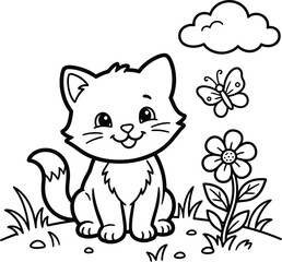 Fototapeta premium Cute kitten with butterfly and flowers coloring page for kids and toddlers