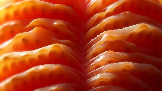 Extreme macro view of sliced citrus segments with glossy ruffled ridges, translucent flesh, juice droplets, and repeating radial texture creating vibrant food pattern