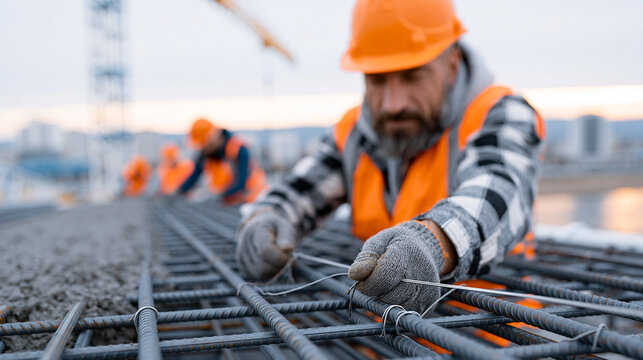 Photorealistic cinematic scene of workers installing new steel reinforcement rebar grid on a bridge deck formwork, several workers tying wire connections between the rebar layers,
