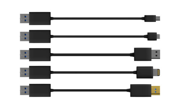 Various types of USB cables and connectors, cable cords connectors and plugs, computer ports vector icons set