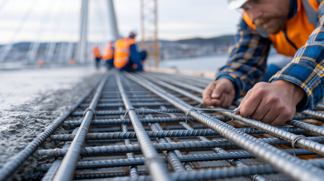 Photorealistic cinematic scene of workers installing new steel reinforcement rebar grid on a bridge deck formwork, several workers tying wire connections between the rebar layers,