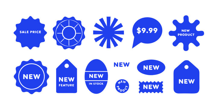 blue sale price stickers and labels, star and rosette, sunburst, callout and splash, stamp and tag badges. New feature or new product badge icon set. vector