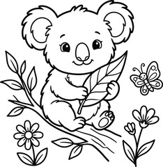 Cute koala with butterfly coloring page for kids and toddlers © ABU