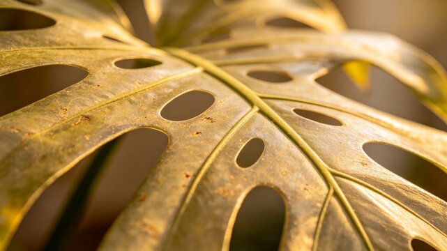A macro close-up of a Monstera deliciosa leaf bathed in warm golden light, highlighting its unique fenestrations and natural texture.