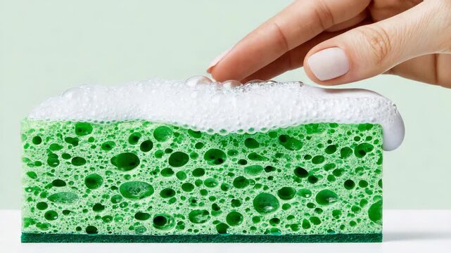 Tracking shot of hand pressing soapy green sponge with foam sliding and dripping off on white countertop in studio close up