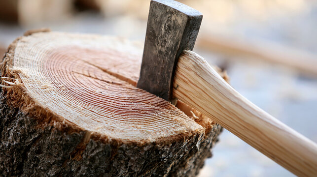 A wooden log cleanly split by an axe, revealing a fresh cross-section.