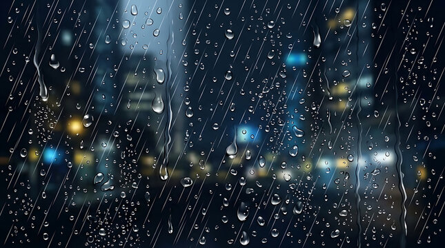 Rain Drops on Window Glass with Blurred Night City Lights, Cinematic Rainy Weather Background