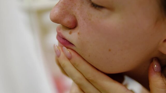 A teenage girl looks closely at pimples on her chin while checking her skin in the bathroom mirror. She decides whether to squeeze a pimple before skincare.