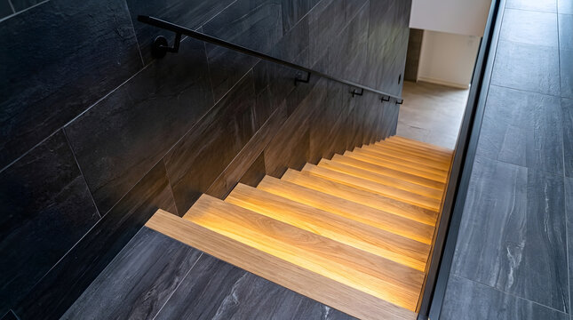 Modern minimalist wooden staircase with hidden LED step lights | High angle view of elegant stairs with dark stone tile walls | Luxury interior architecture featuring illuminated wood steps 