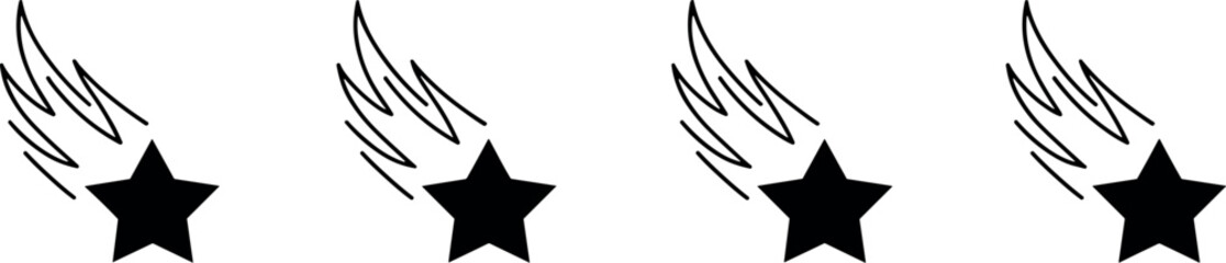 Set of four black shooting stars vector illustration isolated on white background with trailing flames falling star icon pack © RafatStock