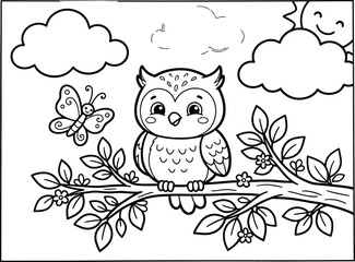 Fototapeta premium Cute owl and butterfly coloring page for kids and toddlers printable design